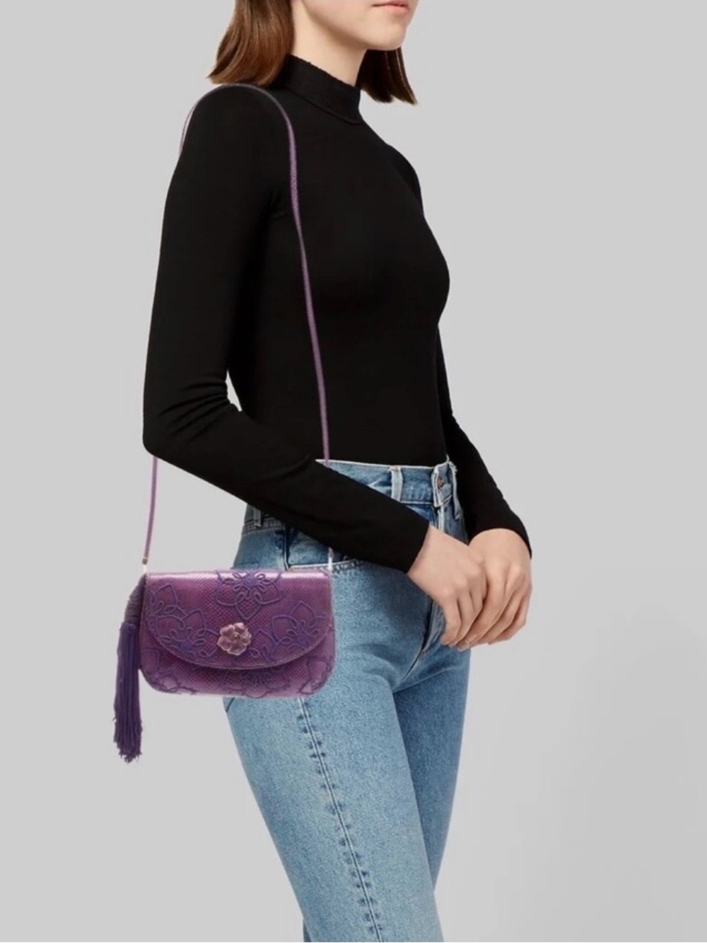 Judith Leiber Vintage REAL Python Floral Embroidered Shoulder Bag with Tassel